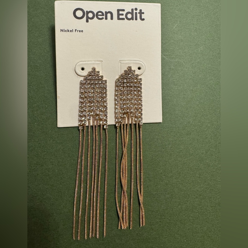 💎 Open Edit Gold Tone Crystal Fringe Statement Earrings